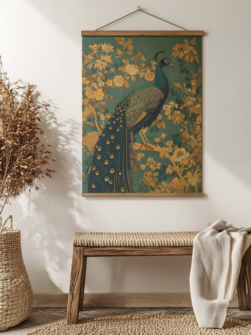 A wall tapestry featuring a detailed teal peacock with golden accents and intricate plumage, surrounded by ornate golden flowers and foliage on an emerald green background, mounted between wooden dowels with twine.